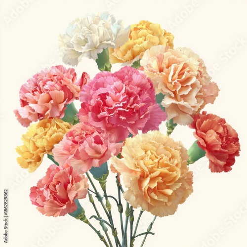Bouquet of colorful carnations on a plain background