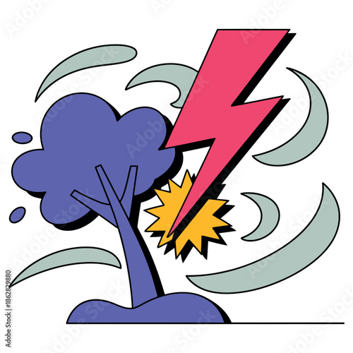 A stylized lightning bolt strikes a tree during a storm with wind.
