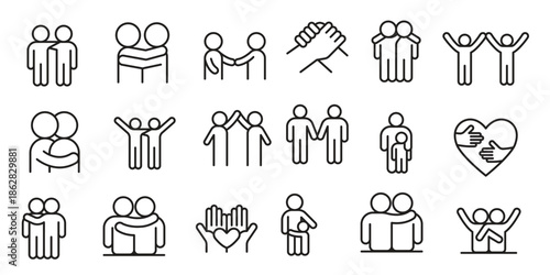 Hug, care, support & friendship icons set in thin line style