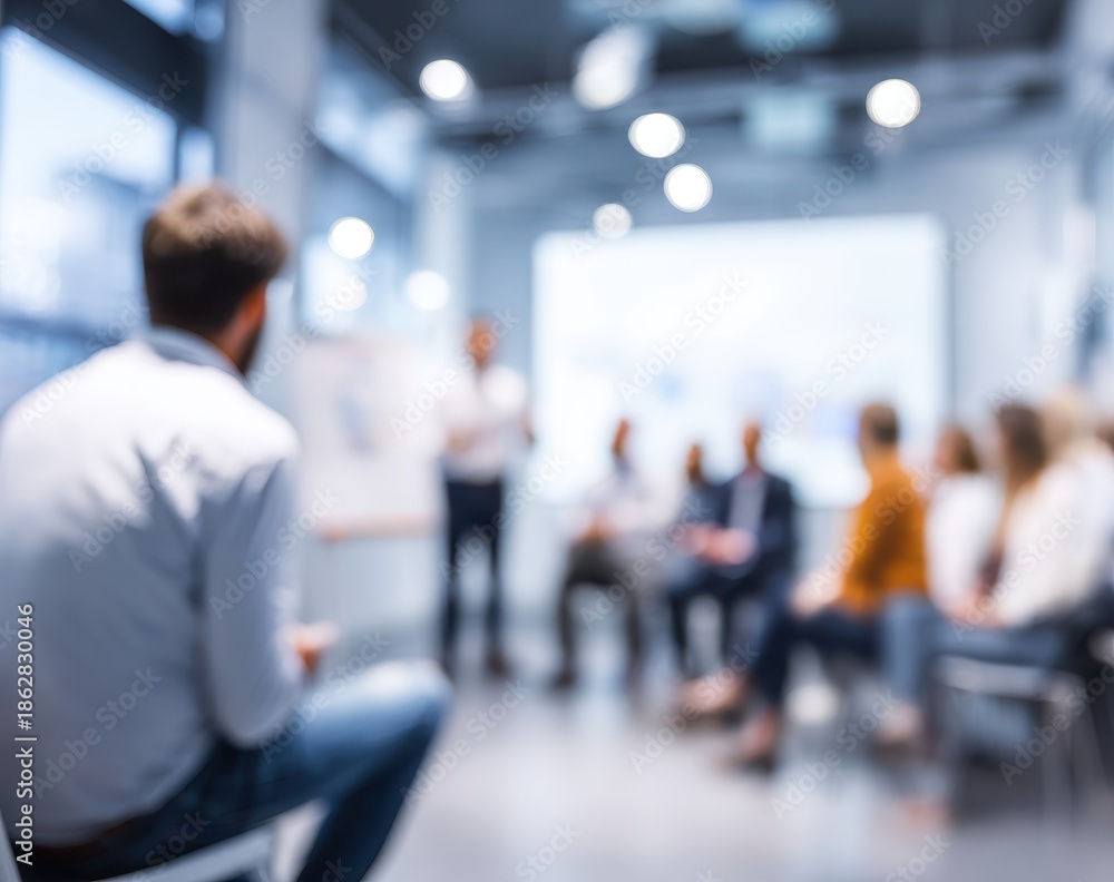Fototapeta premium Soft Focus Business Meeting with Audience Viewpoint and Bright Bokeh.