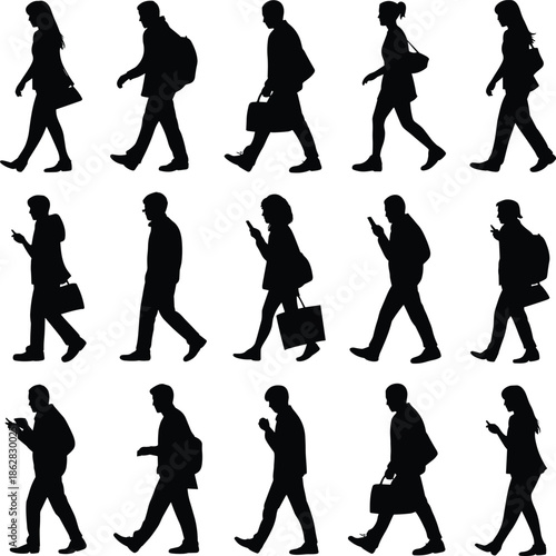 Walking people silhouettes, commuters using smartphones, business people walking, city lifestyle crowd, modern technology addiction concept, men and women, everyday urban life