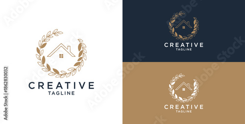 Line art icon logo of a house/residence with a circle of leaves.