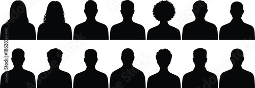 Silhouette, diverse people portraits, men and women head profiles, anonymous faces, community crowd illustration, business team avatars, black outline icons