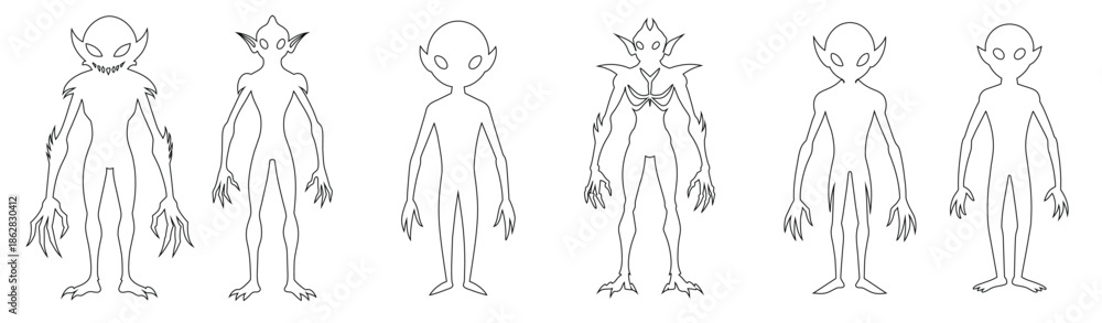 Fototapeta premium Set of Black outlines of an aliens isolated on white background. Humanoids. Graphic art. Concept of extraterrestrial, sci-fi design, space character. Icon, print, pictogram, design element