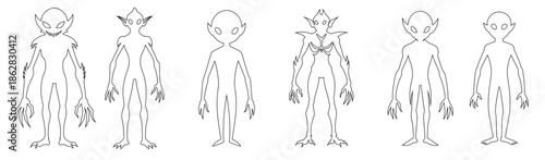 Set of Black outlines of an aliens isolated on white background. Humanoids. Graphic art. Concept of extraterrestrial, sci-fi design, space character. Icon, print, pictogram, design element