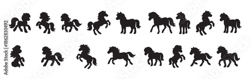 Set of black silhouette pony and horse figures, illustration isolated on white background. concept of equine, animal, pet, design element, icon, logo creation, kids art
