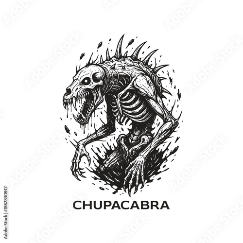 Dark fantasy engraving of the legendary Chupacabra cryptid, depicted as a skeletal monstrous creature with sharp spines and fangs.
