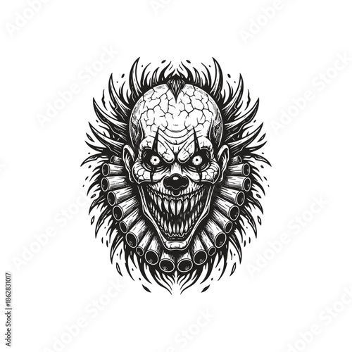 Terrifying dark fantasy engraving of an evil clown with sharp teeth, glowing eyes, and a tattered ruffle collar.