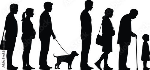 People, silhouettes, generations, family, life, stages, age, childhood, adulthood, seniors, parenthood, dog, walking, community, human, growth, timeline, diversity, lifestyle, isolated
