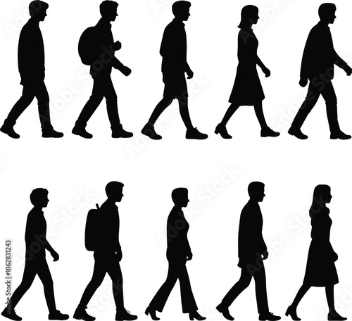 Silhouettes, of, people, walking, men, and, women, commuters, urban, lifestyle, daily, travel, city, crowd, modern, society, black, white, illustration, set