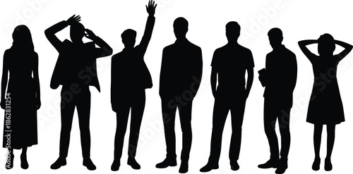 People, silhouettes, standing, group, casual, men, women, expression, emotion, lifestyle, fashion, teamwork, individuality, modern, friends, diversity, posture, social, youth, isolated