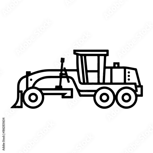 motor grader as a simple single icon logo, cartoon coloring page, one line art vector illustration, isolated on transparent background