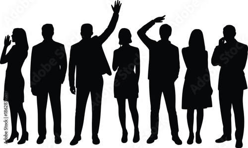 Business, people, silhouettes, standing, team, corporate, professionals, success, leadership, office, communication, teamwork, colleagues, staff, company, group, confident, men, women, isolated