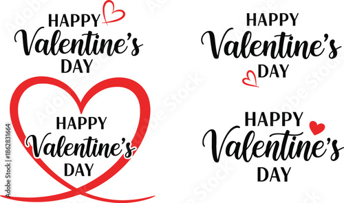 Valentine's Day typographic vector set featuring four elegant script logo variations with red heart accents and flowing ribbon.