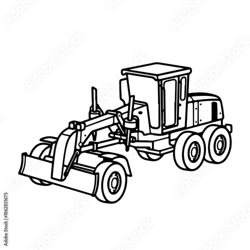 motor grader as a simple single icon logo, cartoon coloring page, one line art vector illustration, isolated on transparent background