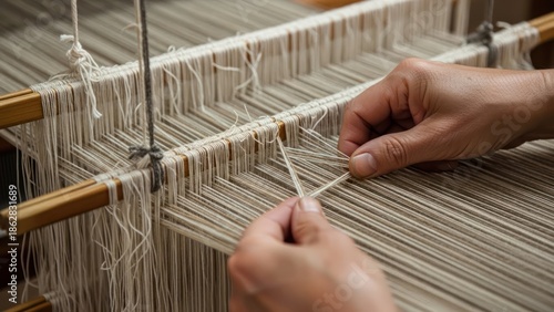 Close-up of hands weaving on a loom with white threads and wooden frame.