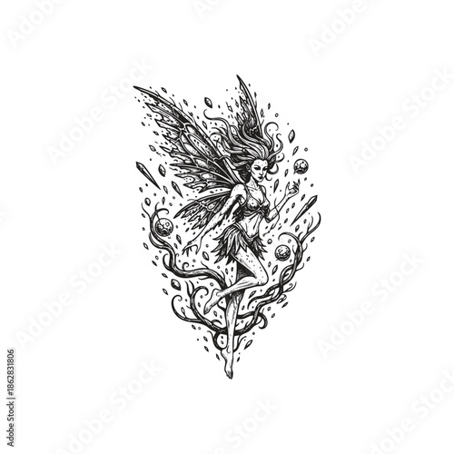 Intricate dark fantasy engraving of a mystical fairy with tattered butterfly wings, surrounded by floating magical crystals and swirling vines.