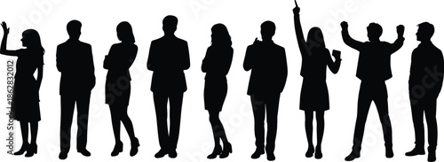 Business people silhouettes standing, team of professionals, corporate group, office workers, teamwork concept, confident executives, success celebration, diverse colleagues