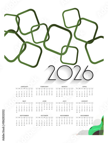 Green leaf themed calendar design for years 2026 and 2026 with monthly date layout illustration