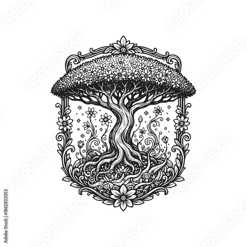 Ornate engraving of a majestic tree with a wide flowering canopy, enclosed in a decorative floral frame with swirling vines