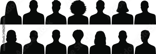 Silhouette, diverse people profiles, male and female head portraits, anonymous faces, business team avatars, community crowd illustration, black outline icons
