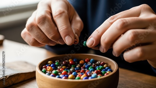 Close-up of hands picking colorful candy beads from a wooden bowl on a table.