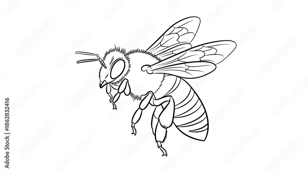 Obraz premium A detailed black and white line art illustration of a honey bee in flight, suitable for coloring pages or scientific use.