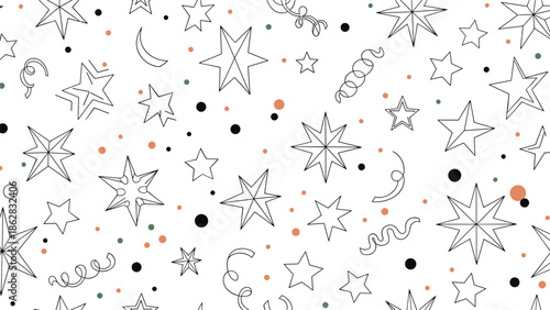 A minimalist seamless pattern of hand-drawn outline stars, confetti, and streamers on a clean white background for celebrations.