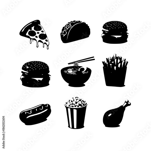 Fast food 3D realistic vector icon set with pizza burger fries ramen hot dog and snacks