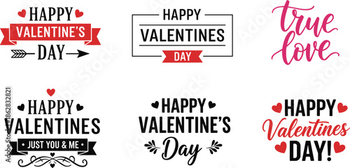 Valentine's Day vector typographic logo set featuring six modern red and black designs with romantic holiday greeting text.