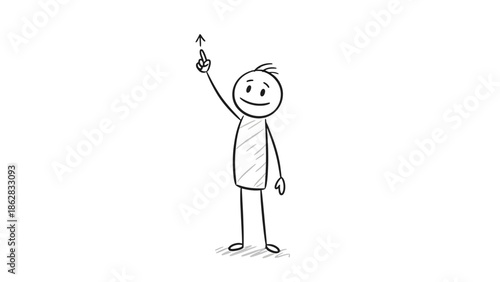 Happy stick figure man standing and pointing up with his finger on an isolated white background.
