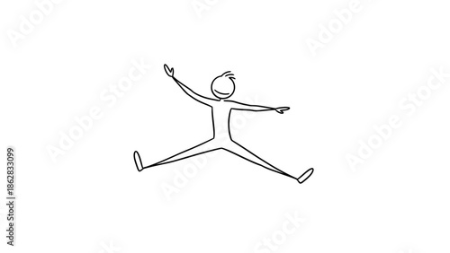 Happy stick figure man jumping and spreading arms and legs in joy on an isolated white background.