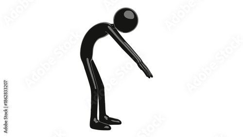 Black Stick Figure Bending Down to Touch Toes in Stretching Pose on Isolated White Background