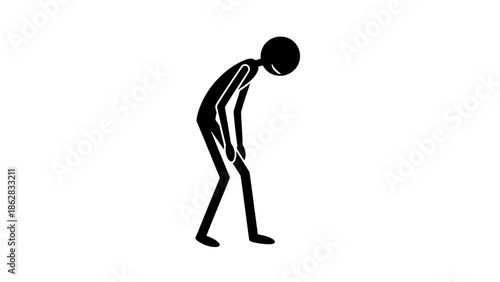 Stick Figure Character Bending Forward and Looking Down with a Weary or Contemplative Expression on Isolated White Background
