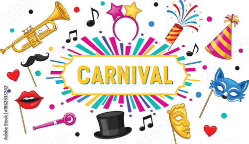 Vibrant Carnival vector celebration graphic featuring festive party props trumpet masks party hat and bold yellow event typography.