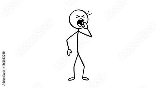 Stick Figure Character Yawning Widely and Feeling Sleepy on Isolated White Background