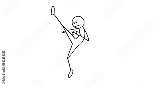 Stick Figure Character Performing a High Kick or Martial Arts Move on Isolated White Background