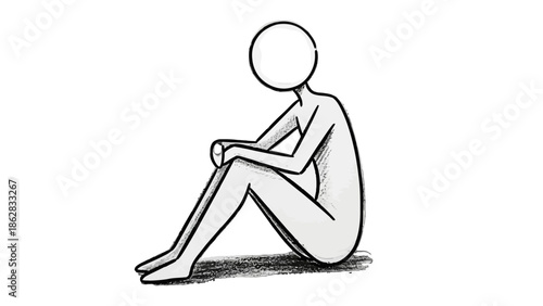 Pensive Stick Figure Sitting and Contemplating with Sadness on Isolated White Background