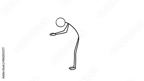 Stick Figure Character Bending Forward and Offering or Gesturing with Hands on Isolated White Background