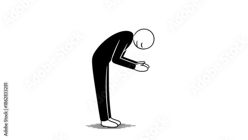 Stick Figure Character Bowing Down with Respect or Humility on Isolated White Background