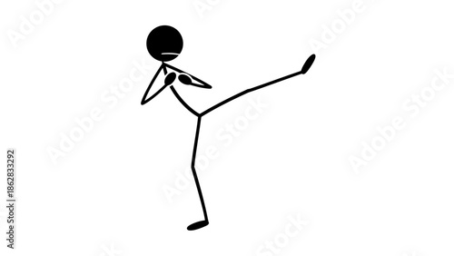Black Stick Figure Kicking High in Dynamic Martial Arts Pose on Isolated White Background