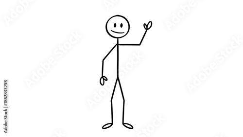 Cheerful Stick Figure Waving Hand in Friendly Greeting on Isolated White Background