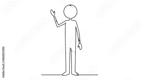Friendly Stick Figure Man Standing and Waving Hand in Greeting, Isolated White Background