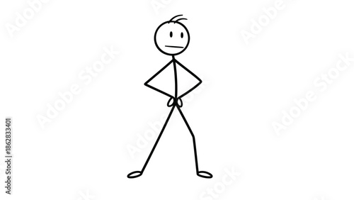 Annoyed Stick Figure Man Standing with Hands on Hips, Looking Confident or Displeased, Isolated White Background