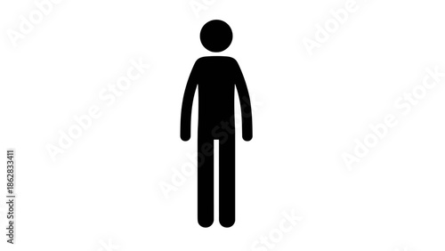 Basic Standing Stick Figure Man in Solid Black Silhouette, Isolated White Background