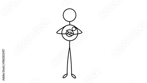 Stick Figure Man Holding and Presenting a Sphere or Ball with Both Hands, Isolated White Background