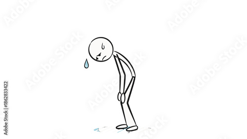 Sad Stick Figure Man Bending Over with a Teardrop and Sweat, Crying in Despair, Isolated White Background