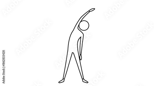 Stick Figure Man Stretching Body Sideways with Arm Up in a Yoga Pose, Isolated White Background