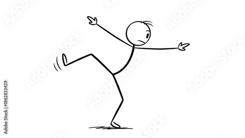Clumsy stick figure man losing balance and about to fall, with arms outstretched for stability on an isolated white background.