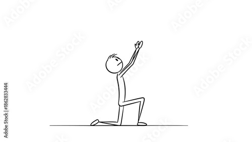 Stick Figure Man Kneeling and Pleading with Arms Up in Despair, Isolated White Background